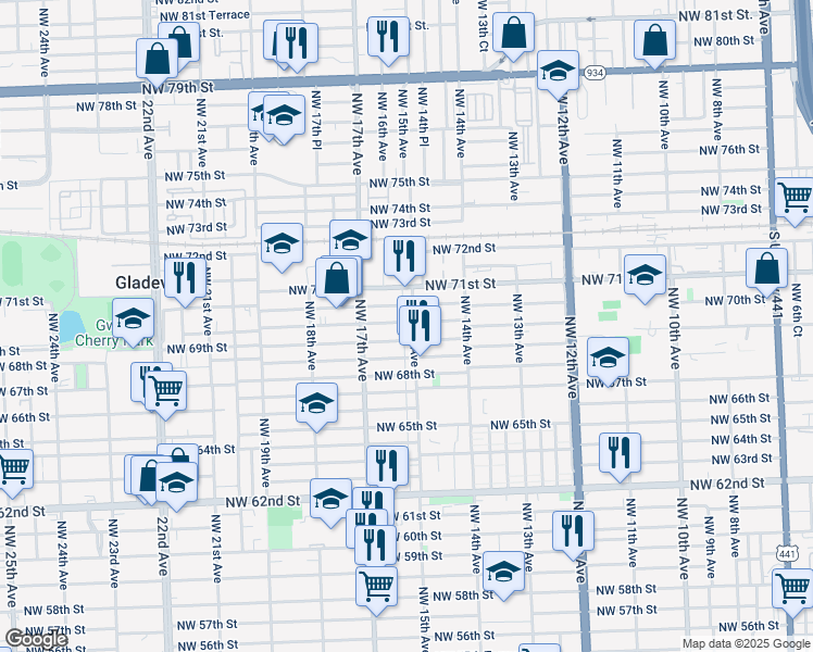 map of restaurants, bars, coffee shops, grocery stores, and more near 6913 Northwest 15th Avenue in Miami