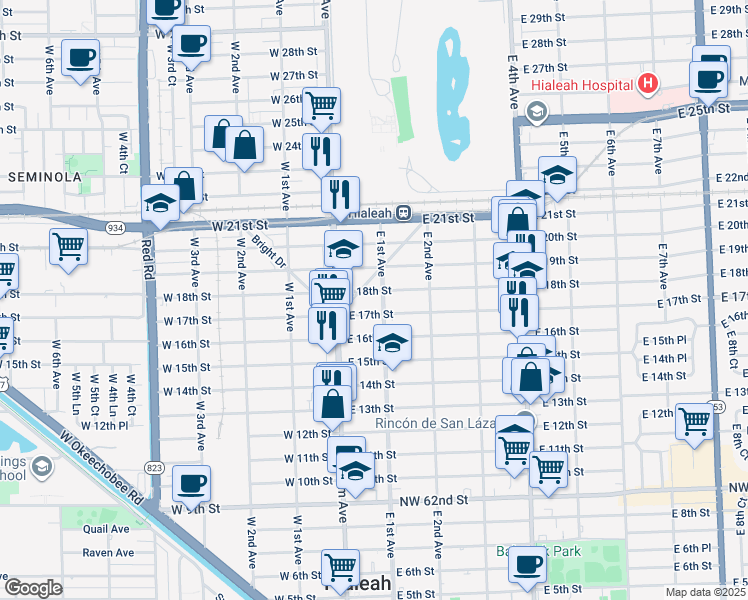 map of restaurants, bars, coffee shops, grocery stores, and more near 83 East 17th Street in Hialeah