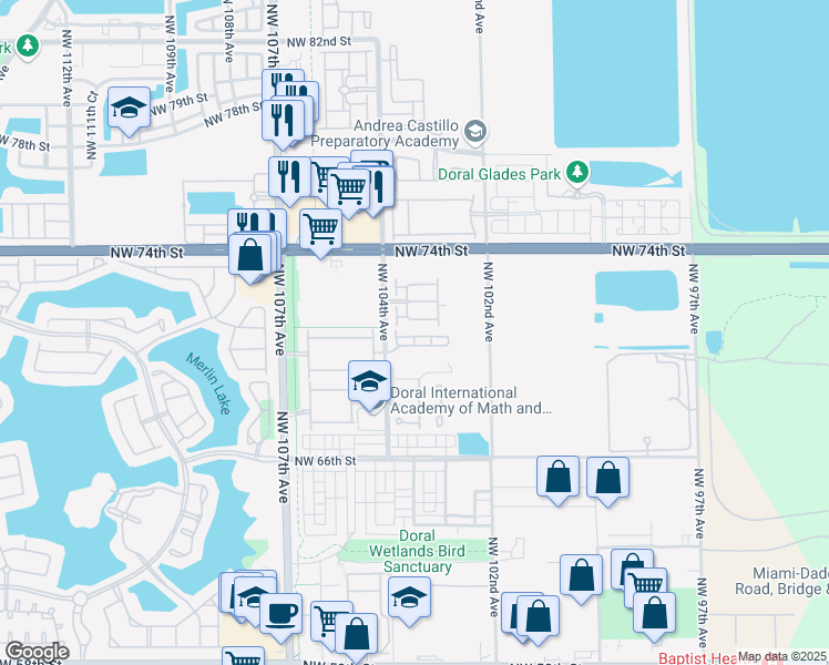 map of restaurants, bars, coffee shops, grocery stores, and more near 7035 Northwest 103rd Path in Doral