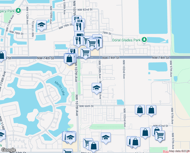 map of restaurants, bars, coffee shops, grocery stores, and more near 7020 Northwest 104th Court in Medley
