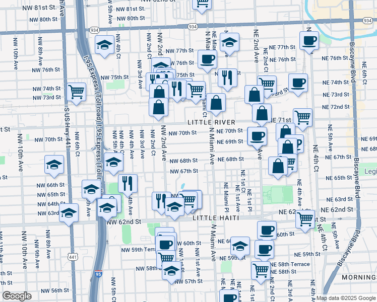 map of restaurants, bars, coffee shops, grocery stores, and more near 160 Northwest 68th Terrace in Miami