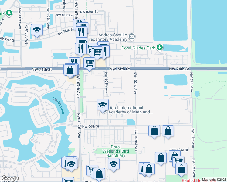 map of restaurants, bars, coffee shops, grocery stores, and more near 7035 Northwest 103rd Path in Doral
