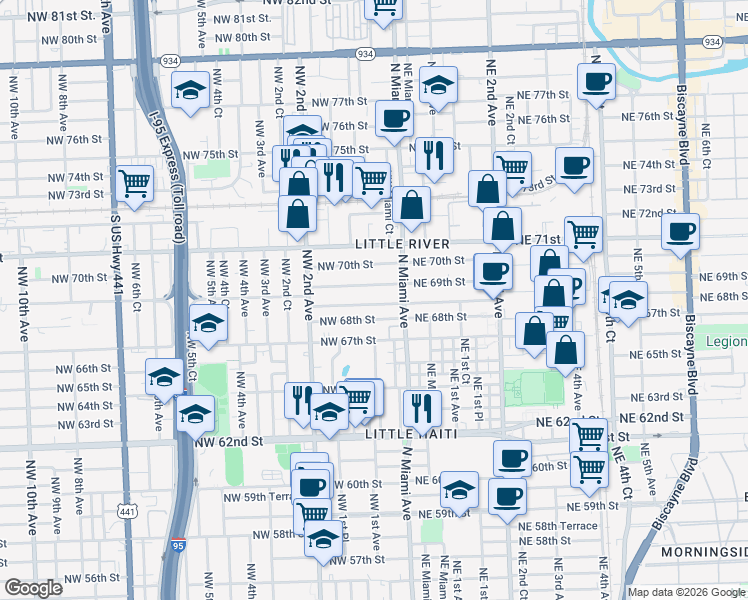 map of restaurants, bars, coffee shops, grocery stores, and more near 46 Northwest 68th Terrace in Miami