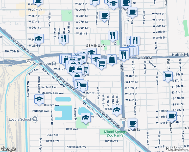map of restaurants, bars, coffee shops, grocery stores, and more near 650 West 18th Street in Hialeah