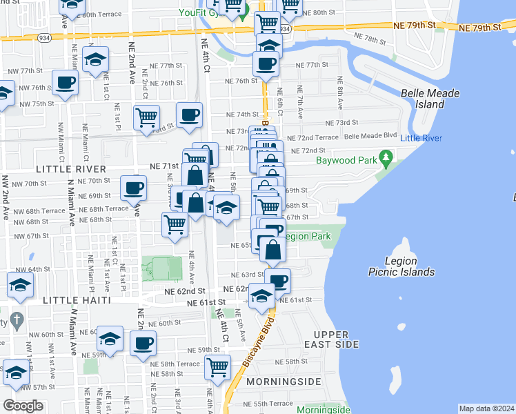 map of restaurants, bars, coffee shops, grocery stores, and more near 543 Northeast 67th Street in Miami