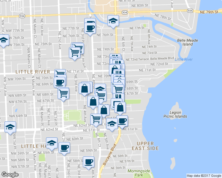 map of restaurants, bars, coffee shops, grocery stores, and more near 543 Northeast 67th Street in Miami