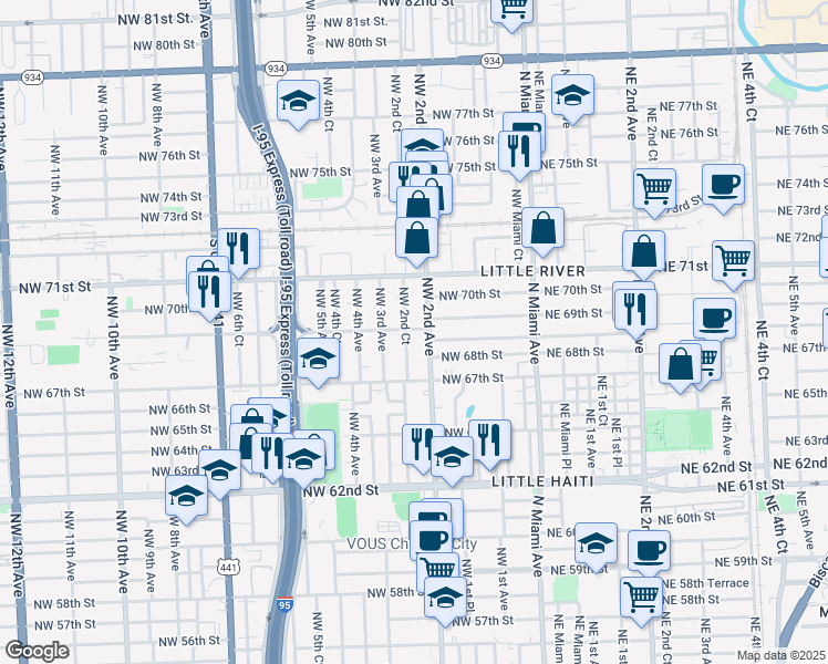 map of restaurants, bars, coffee shops, grocery stores, and more near 6825 Northwest 2nd Avenue in Miami