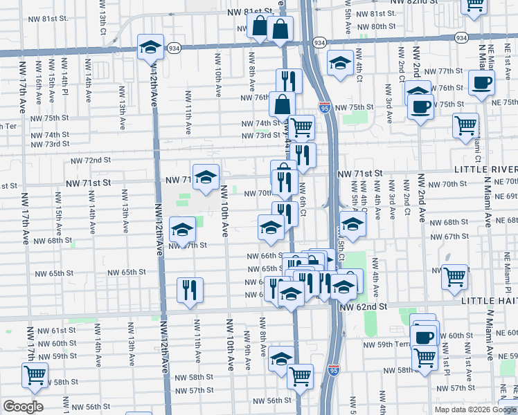 map of restaurants, bars, coffee shops, grocery stores, and more near 755 Northwest 69th Street in Miami