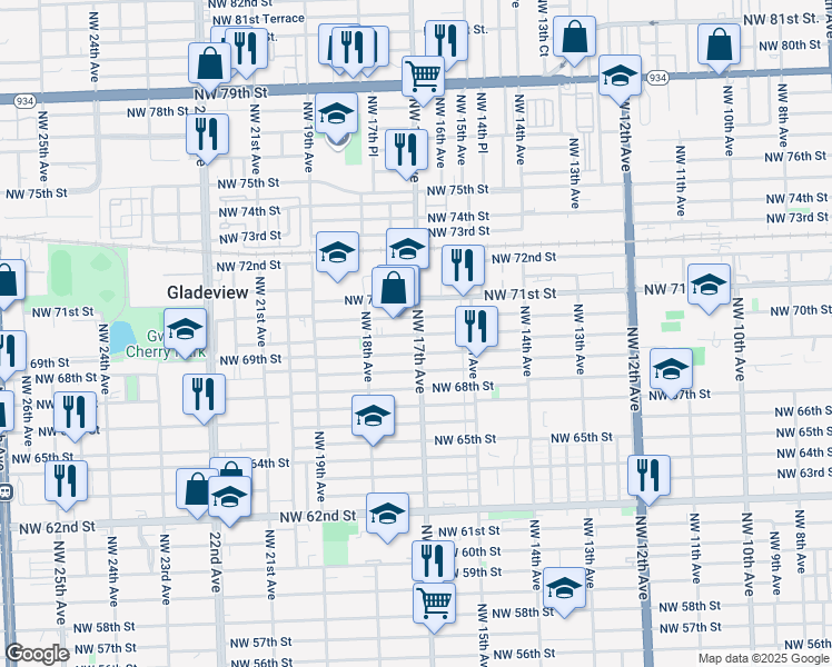 map of restaurants, bars, coffee shops, grocery stores, and more near 1736 Northwest 69th Terrace in Miami