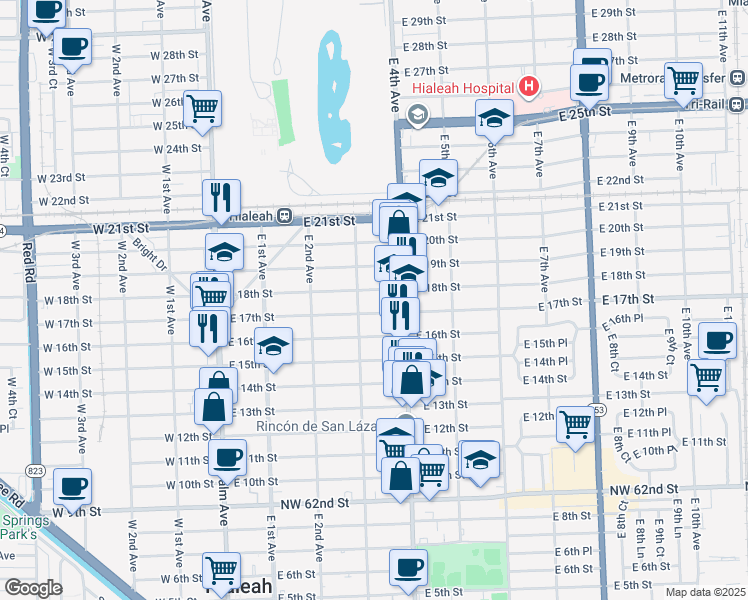 map of restaurants, bars, coffee shops, grocery stores, and more near 311 East 17th Street in Hialeah