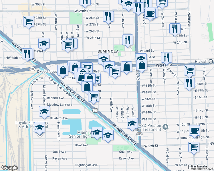 map of restaurants, bars, coffee shops, grocery stores, and more near 650 West 18th Street in Hialeah