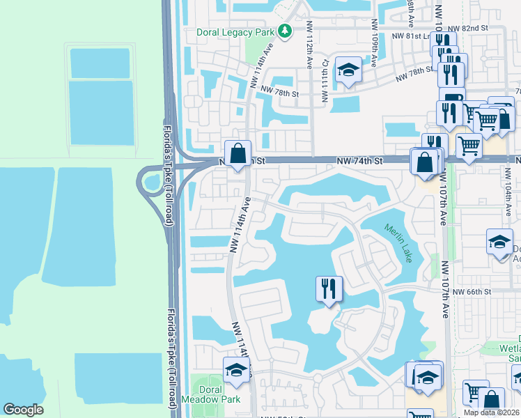 map of restaurants, bars, coffee shops, grocery stores, and more near 7063 Northwest 113th Place in Doral