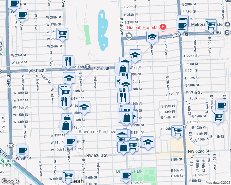 map of restaurants, bars, coffee shops, grocery stores, and more near 311 East 17th Street in Hialeah