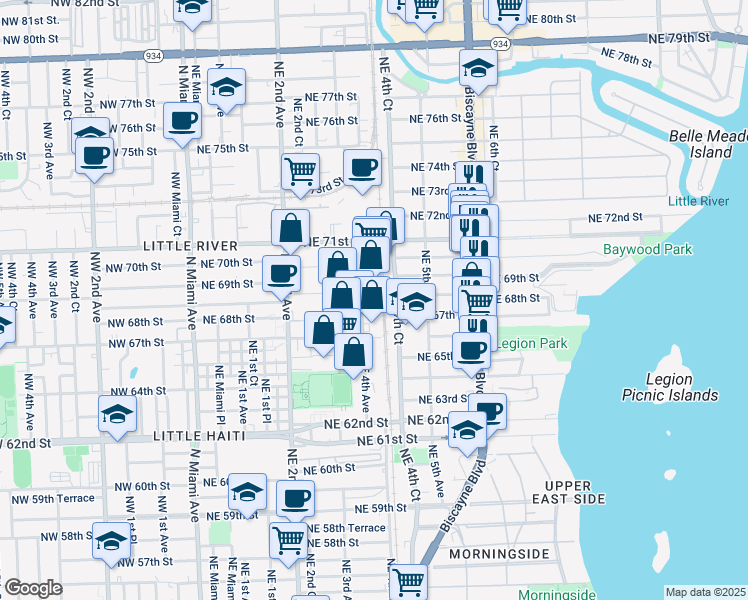 map of restaurants, bars, coffee shops, grocery stores, and more near 6761 Northeast 4th Avenue in Miami