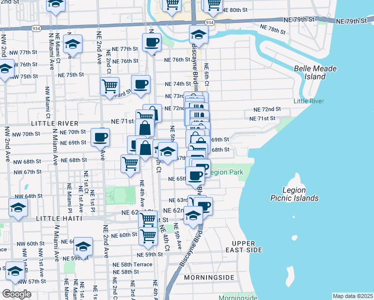 map of restaurants, bars, coffee shops, grocery stores, and more near 543 Northeast 67th Street in Miami