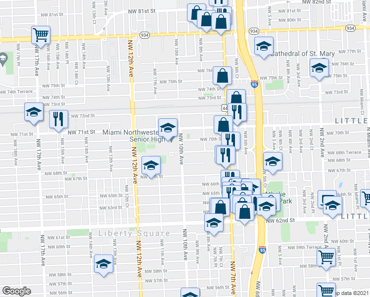 map of restaurants, bars, coffee shops, grocery stores, and more near in Miami