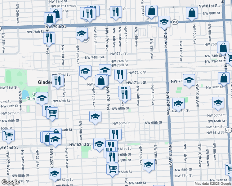 map of restaurants, bars, coffee shops, grocery stores, and more near 1567 Northwest 69th Street in Miami