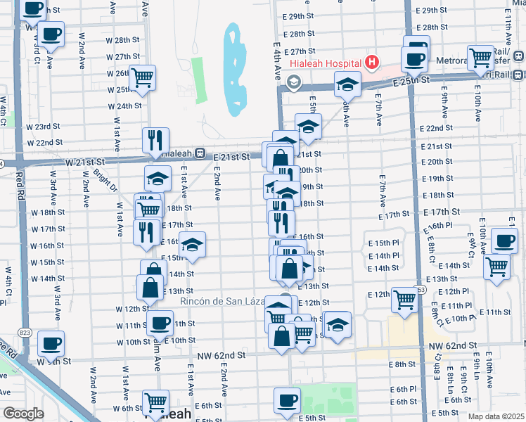 map of restaurants, bars, coffee shops, grocery stores, and more near 311 East 17th Street in Hialeah