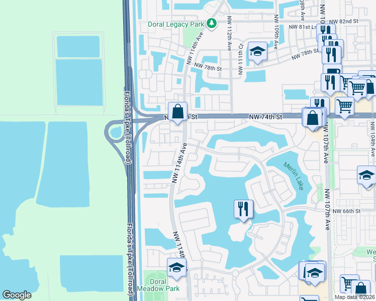 map of restaurants, bars, coffee shops, grocery stores, and more near 7023 Northwest 113th Place in Doral