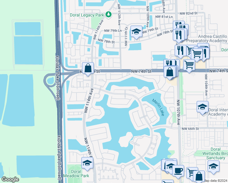 map of restaurants, bars, coffee shops, grocery stores, and more near 5611 Northwest 112th Avenue in Doral