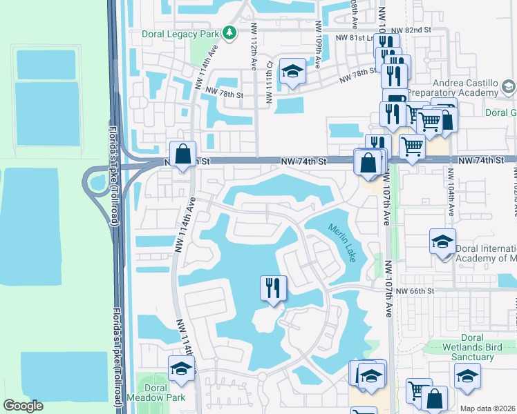 map of restaurants, bars, coffee shops, grocery stores, and more near 11213 Northwest 71st Terrace in Doral