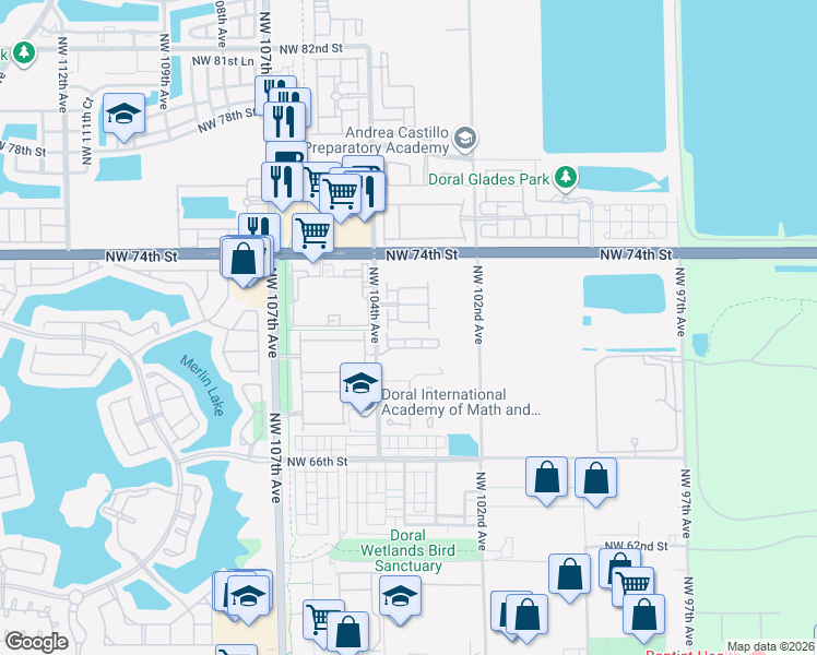 map of restaurants, bars, coffee shops, grocery stores, and more near 7035 Northwest 103rd Path in Doral
