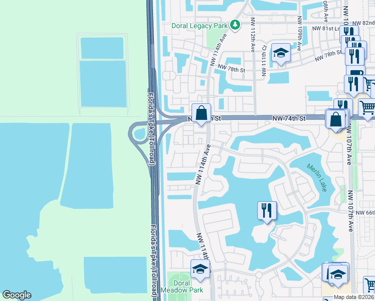 map of restaurants, bars, coffee shops, grocery stores, and more near 7022 Northwest 114th Court in Doral