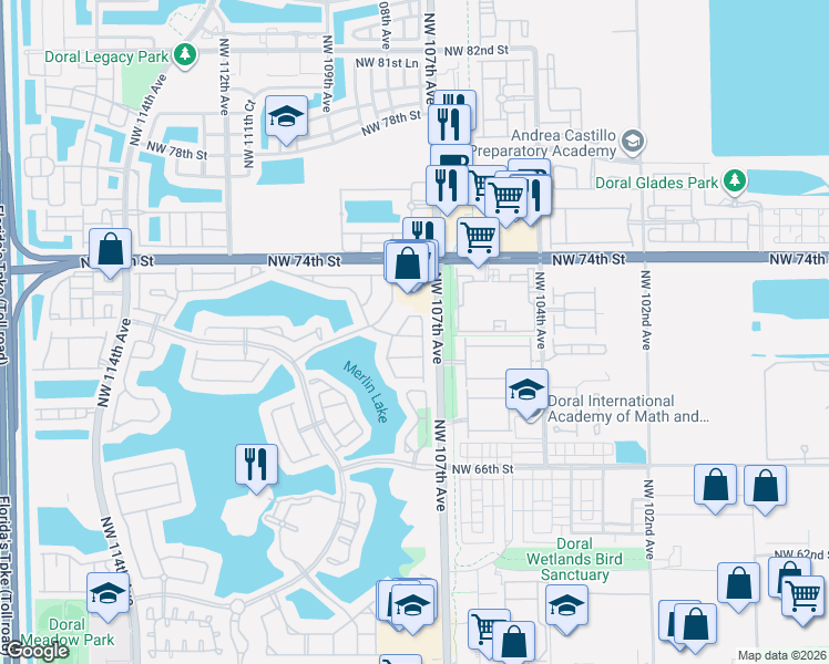 map of restaurants, bars, coffee shops, grocery stores, and more near 10765 Northwest 70th Street in Doral