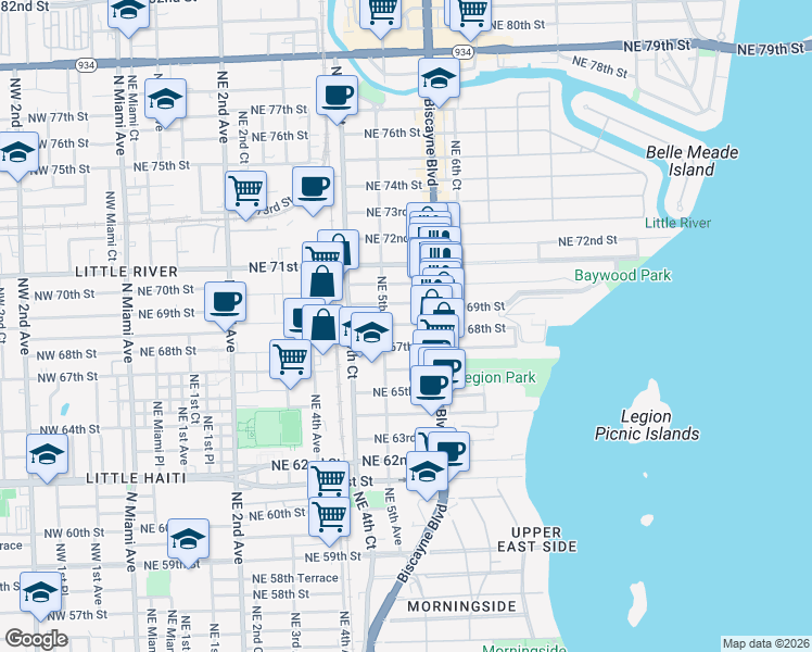 map of restaurants, bars, coffee shops, grocery stores, and more near 543 Northeast 67th Street in Miami
