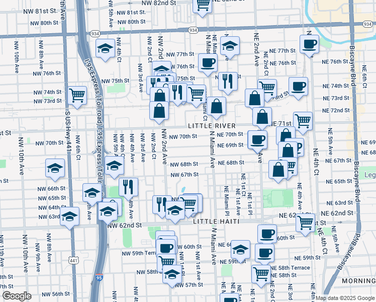 map of restaurants, bars, coffee shops, grocery stores, and more near 160 Northwest 68th Terrace in Miami