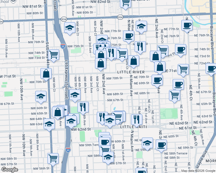map of restaurants, bars, coffee shops, grocery stores, and more near 6825 Northwest 2nd Avenue in Miami