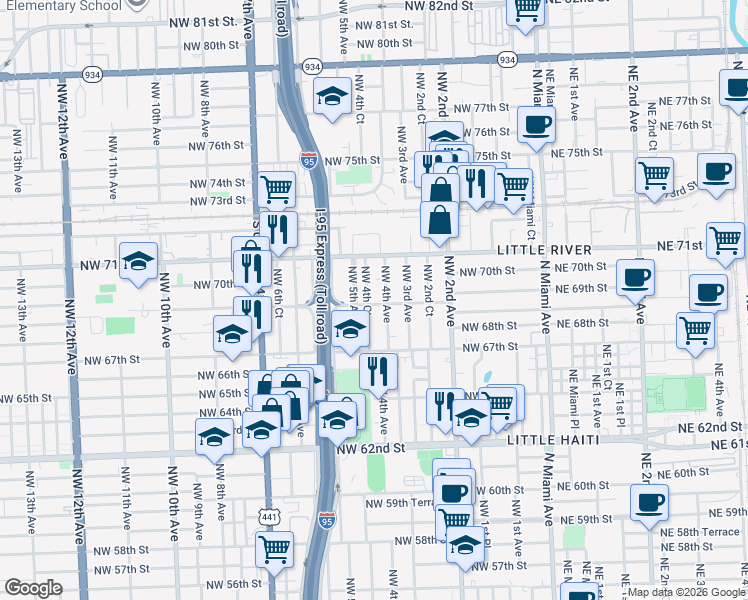 map of restaurants, bars, coffee shops, grocery stores, and more near 6820 Northwest 4th Avenue in Miami