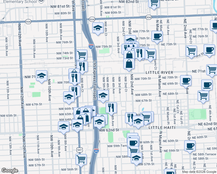 map of restaurants, bars, coffee shops, grocery stores, and more near 6820 Northwest 4th Avenue in Miami