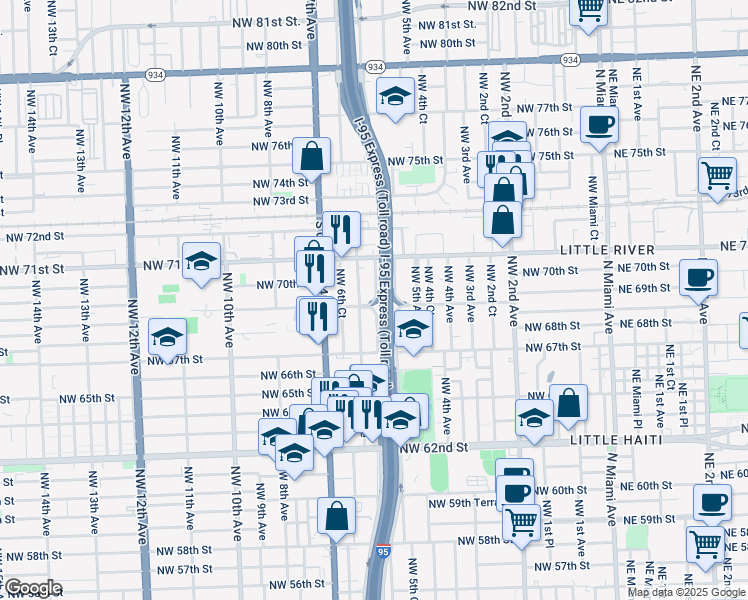 map of restaurants, bars, coffee shops, grocery stores, and more near 6822 Northwest 5th Place in Miami