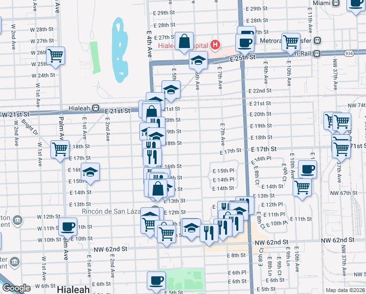 map of restaurants, bars, coffee shops, grocery stores, and more near 540 East 17th Street in Hialeah