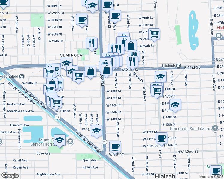 map of restaurants, bars, coffee shops, grocery stores, and more near 354 West 18th Street in Hialeah