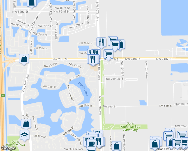 map of restaurants, bars, coffee shops, grocery stores, and more near 10765 Northwest 70th Street in Doral