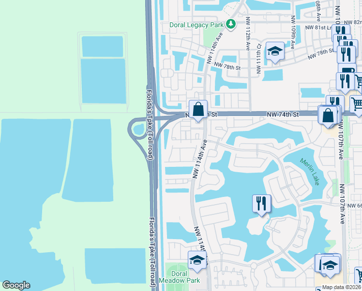map of restaurants, bars, coffee shops, grocery stores, and more near 7065 Northwest 116th Court in Doral