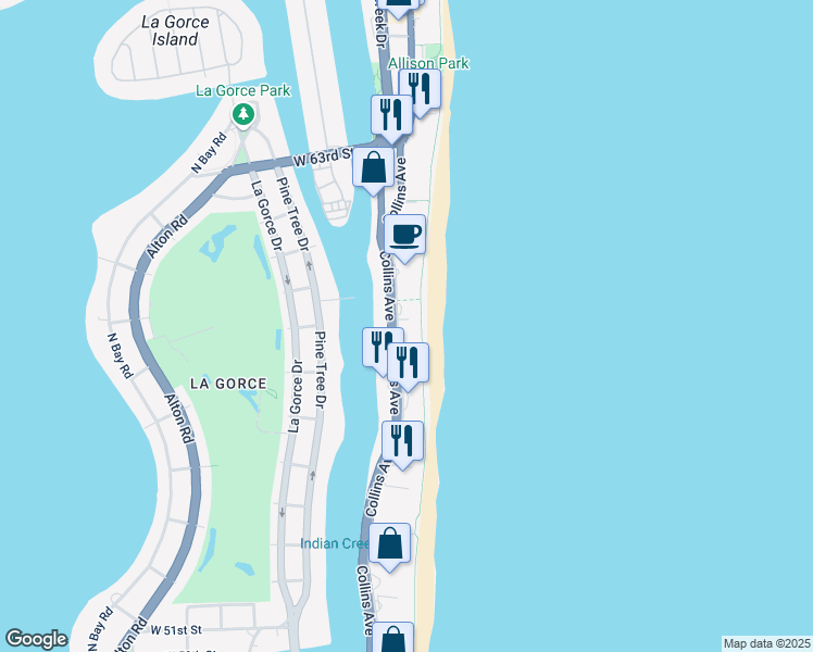 map of restaurants, bars, coffee shops, grocery stores, and more near 5700 Collins Avenue in Miami Beach