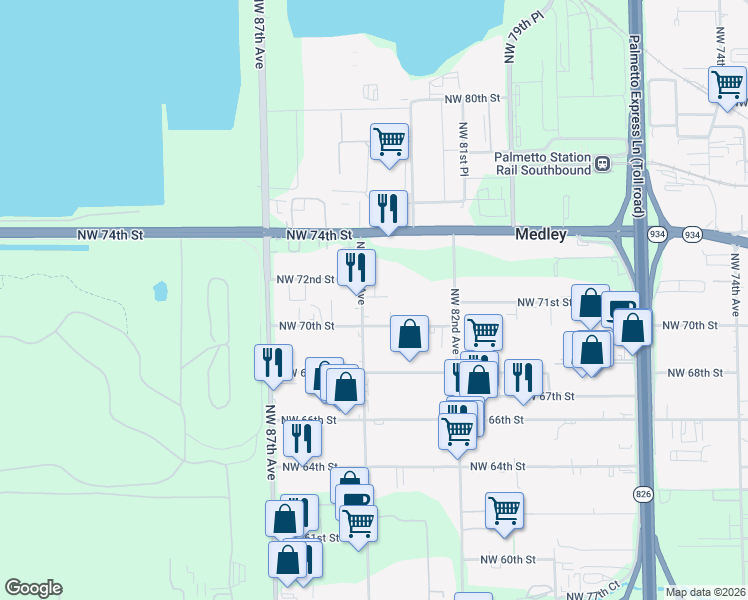 map of restaurants, bars, coffee shops, grocery stores, and more near 7070 Northwest 84th Avenue in Doral