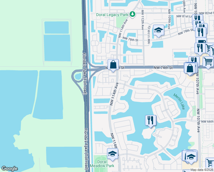 map of restaurants, bars, coffee shops, grocery stores, and more near 11485 Northwest 71st Street in Doral