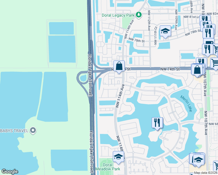 map of restaurants, bars, coffee shops, grocery stores, and more near 7065 Northwest 116th Court in Doral
