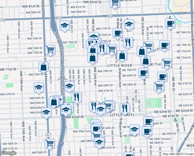 map of restaurants, bars, coffee shops, grocery stores, and more near 6825 Northwest 2nd Avenue in Miami