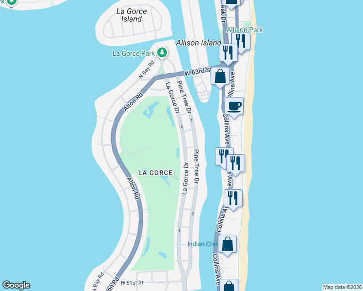 map of restaurants, bars, coffee shops, grocery stores, and more near 5750 Lagorce Drive in Miami Beach