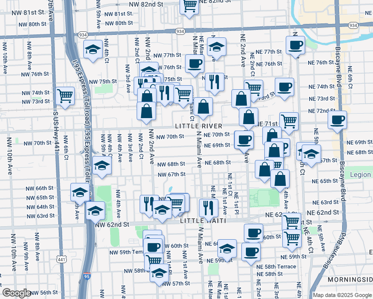 map of restaurants, bars, coffee shops, grocery stores, and more near 46 Northwest 68th Terrace in Miami