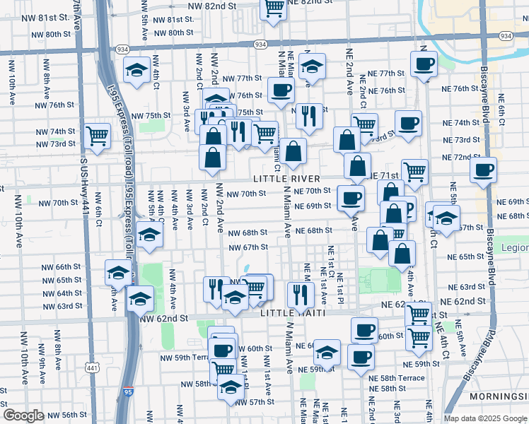 map of restaurants, bars, coffee shops, grocery stores, and more near 46 Northwest 68th Terrace in Miami