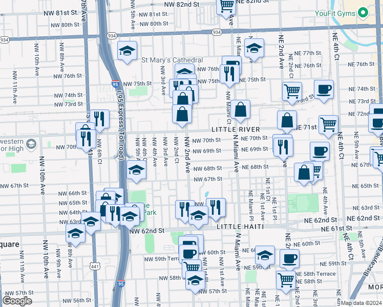 map of restaurants, bars, coffee shops, grocery stores, and more near 6825 Northwest 2nd Avenue in Miami