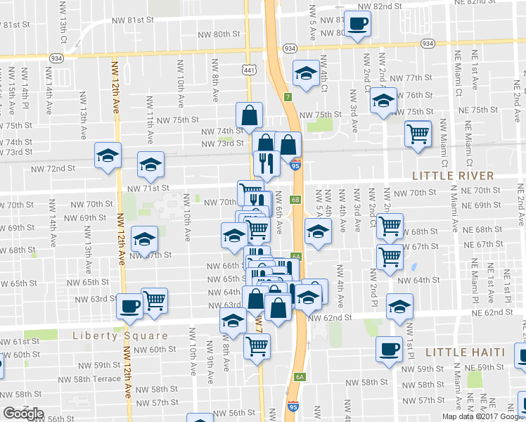 map of restaurants, bars, coffee shops, grocery stores, and more near 6832 Northwest 6th Court in Miami