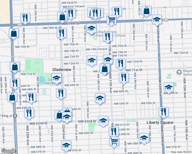 map of restaurants, bars, coffee shops, grocery stores, and more near 1810 Northwest 69th Terrace in Miami