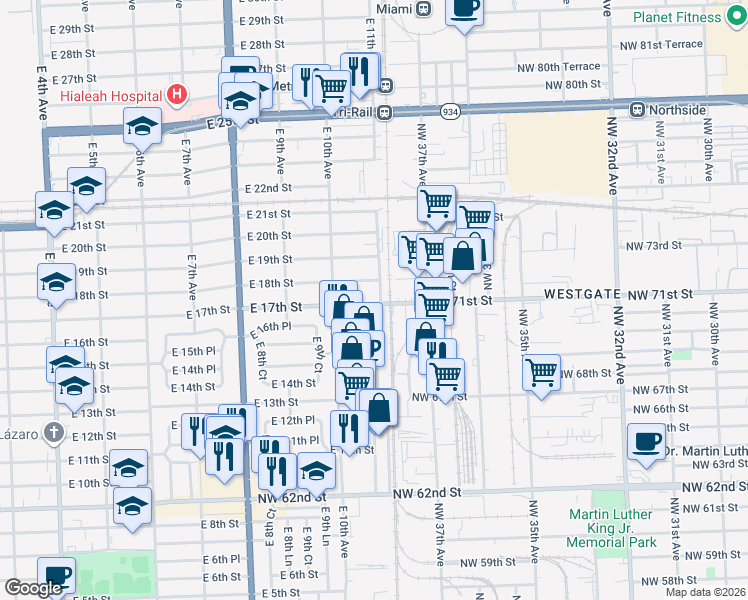 map of restaurants, bars, coffee shops, grocery stores, and more near 1071 East 16th Street in Hialeah